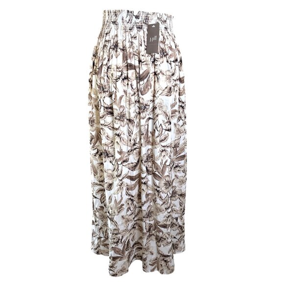 J Jill Creme Brown Floral Skirt Size Medium Hi Low Midi Faux Wrap Elastic Waist - Picture 10 of 15